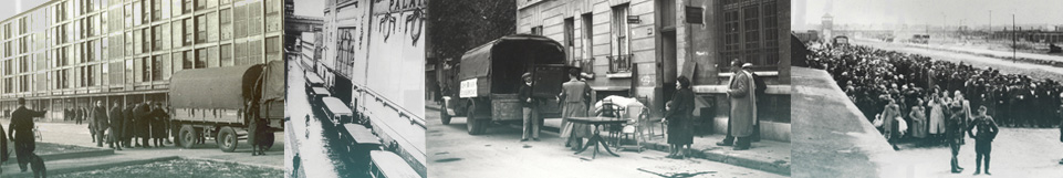 From left to right: Arrival of a group of internees at the Drancy internment camp, France, 1940-1944 © Mémorial de la Shoah / CDJC; Buses and police cars used for the transport of Jews at the Vélodrome d’Hiver during the round-ups, parked in front of the stadium, Paris, 15th district. France, July, 7, 1942 © Mémorial de la Shoah / CDJC; Men looting furnitures belonging to a Jewish family in Boulogne-Billancourt (Hauts-de-Seine), France, April 1942. © Mémorial de la Shoah / CDJC; Arrival of a convoy of Hungarian Jews in Auschwitz-Birkenau in 1944. © Mémorial de la Shoah / CDJC